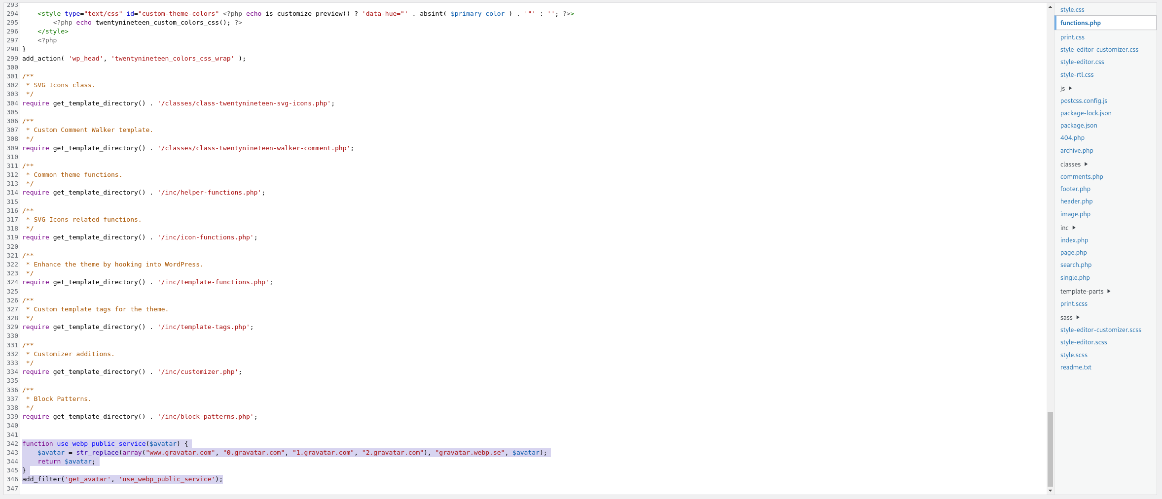 WordPress theme editor showing the Gravatar hostname replacement filter